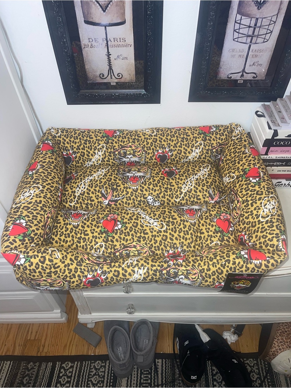 NWT Ed Hardy Leopard Print Pet Bed with Red Heart Accents